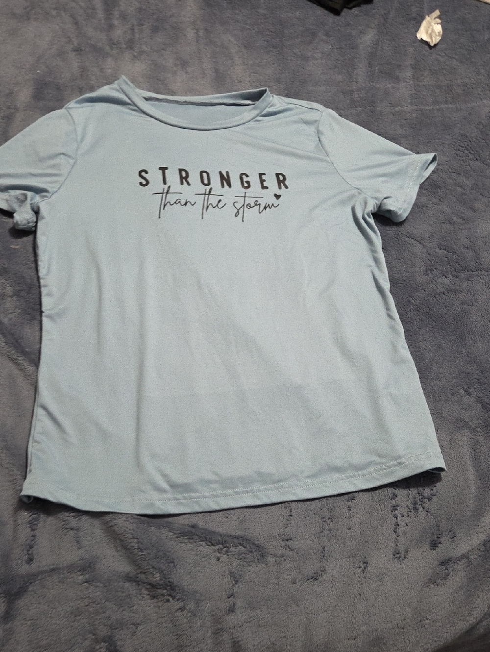 SHEIN Light Blue 'Stronger Than The Storm' Short Sleeve Graphic Tee